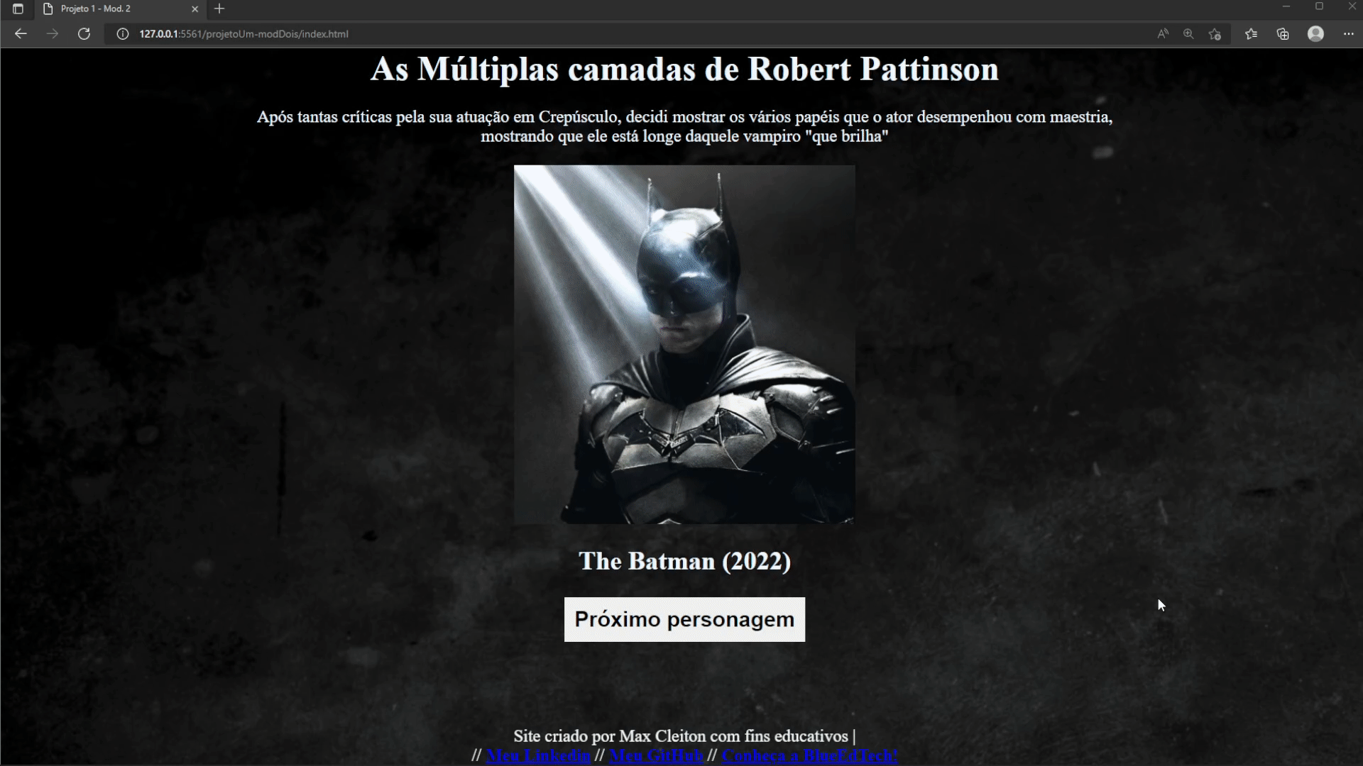 Gif do Projeto Jogo do Humor, onde mostra as várias atuações do ator Robert Pattinson